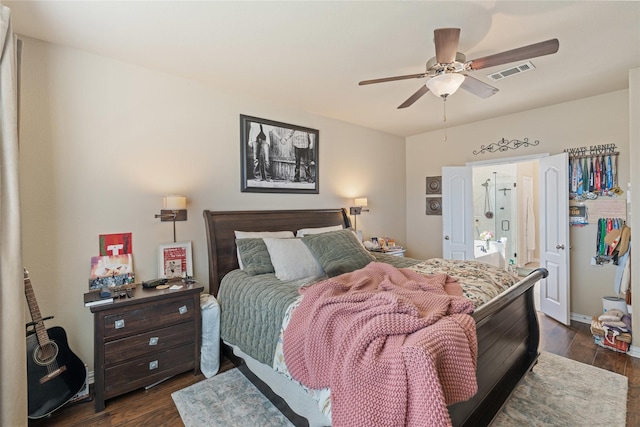 bedroom with ceiling fan and dark hardwood / wood-style floors