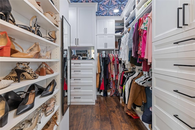 walk in closet with dark wood-type flooring