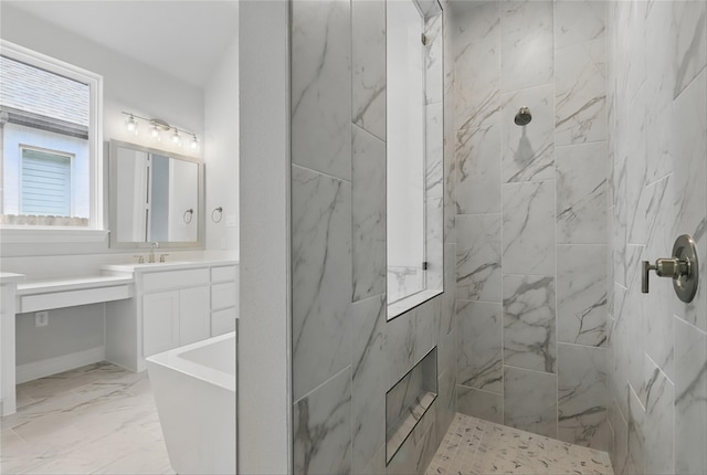 6300 Whitebrush Pl, Fort Worth, TX 76123 - bathroom with a tile shower, vanity, marble finish flooring, and a freestanding bath