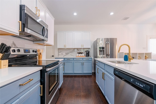 kitchen featuring sink, dark hardwood / wood-style flooring, decorative backsplash, white cabinets, and appliances with stainless steel finishes