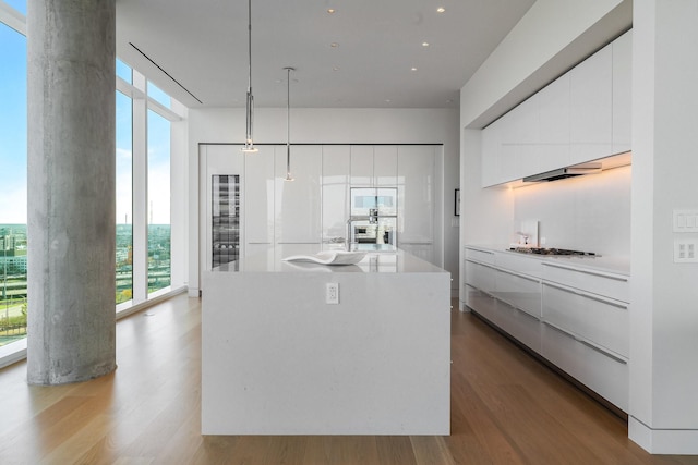 kitchen with pendant lighting, a center island with sink, white cabinetry, and a healthy amount of sunlight