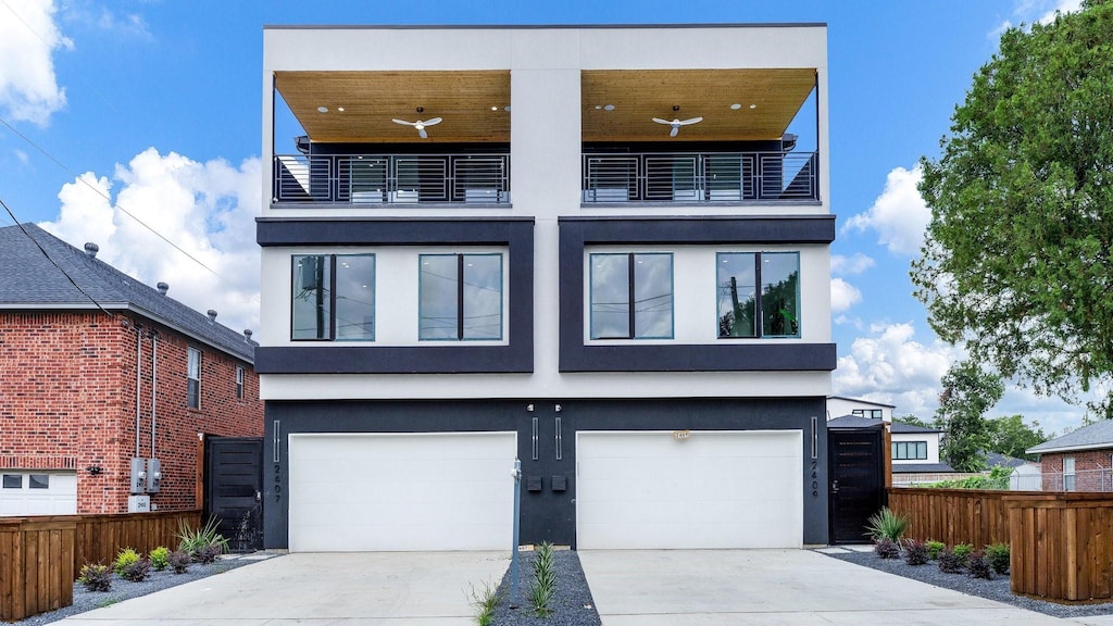 contemporary home featuring a balcony and a garage