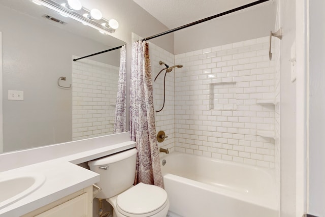 full bathroom featuring vanity, shower / bath combination with curtain, a textured ceiling, and toilet