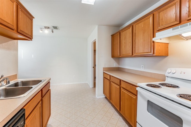 kitchen featuring dishwashing machine, ventilation hood, white range with electric cooktop, and sink