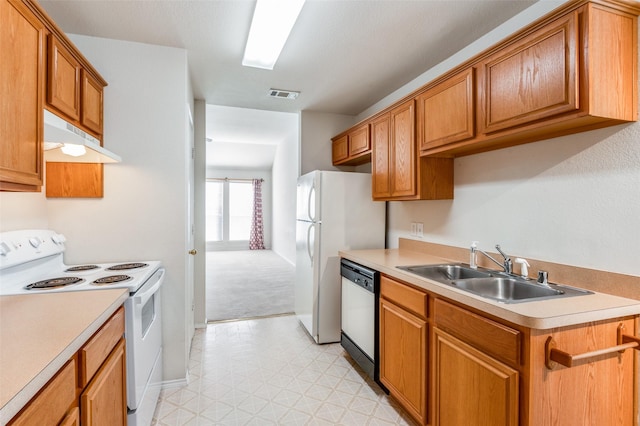 kitchen featuring dishwasher, light colored carpet, white electric stove, and sink