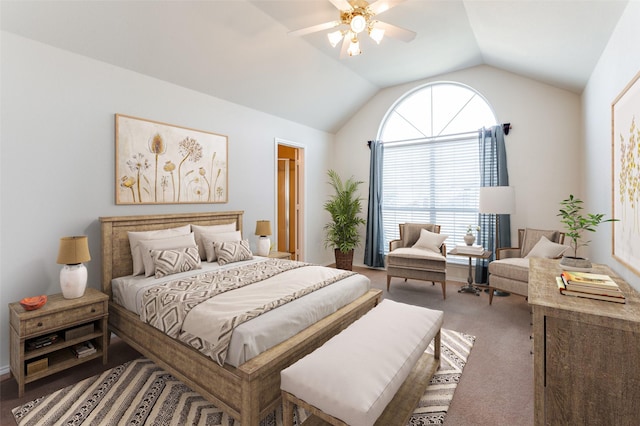 carpeted bedroom featuring ceiling fan and lofted ceiling