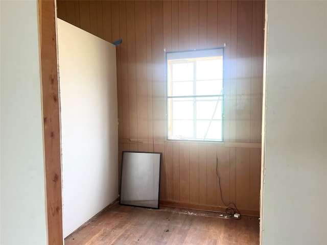 spare room with wood walls, light wood-type flooring, and a wealth of natural light