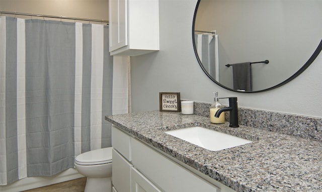 bathroom featuring a shower with curtain, vanity, and toilet