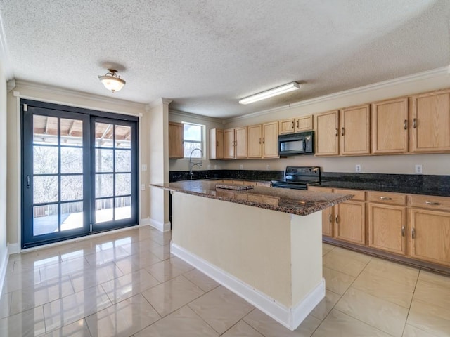 kitchen with black appliances, crown molding, dark stone countertops, and a textured ceiling