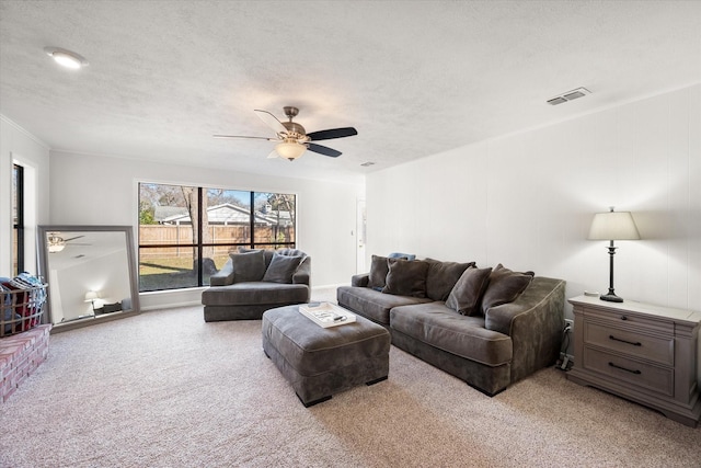 carpeted living room with ceiling fan and a textured ceiling