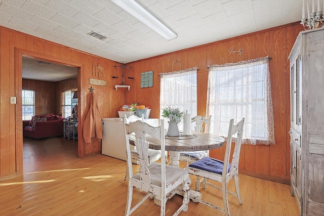 dining room with hardwood / wood-style flooring and wooden walls