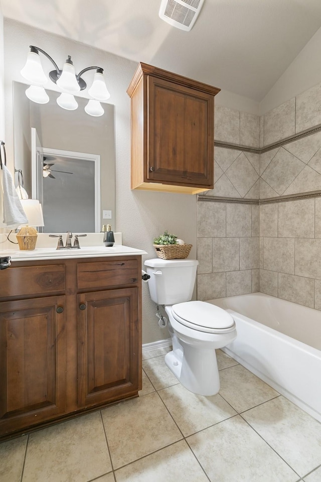 full bath featuring visible vents, lofted ceiling, toilet, and tile patterned flooring