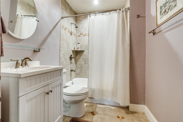 full bathroom featuring tile patterned flooring, vanity, shower / bath combo, and toilet