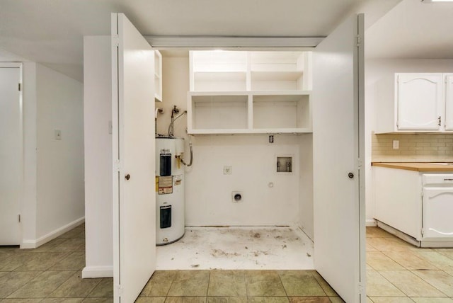 laundry area with water heater, light tile patterned floors, hookup for a washing machine, and hookup for an electric dryer