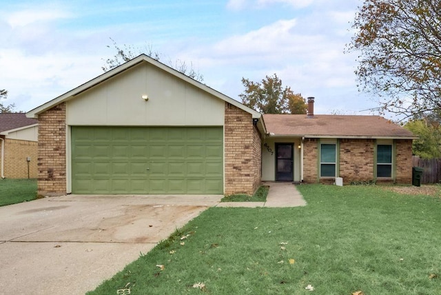 ranch-style house with a front yard and a garage