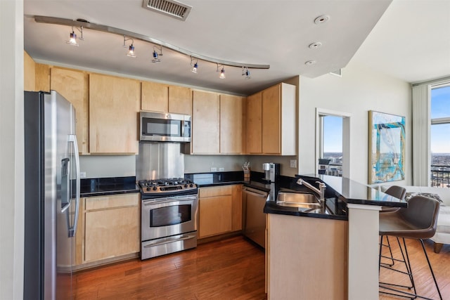 kitchen with sink, stainless steel appliances, dark wood-type flooring, kitchen peninsula, and a breakfast bar