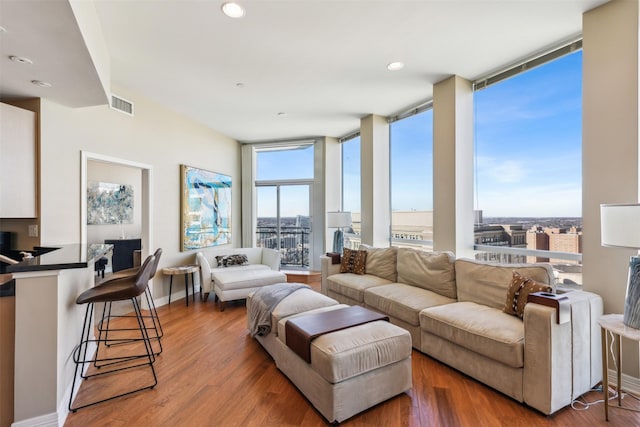 living room featuring hardwood / wood-style floors and floor to ceiling windows