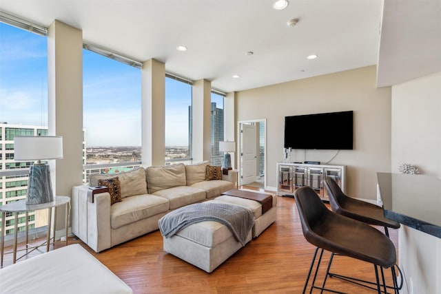 living room featuring light hardwood / wood-style floors and expansive windows