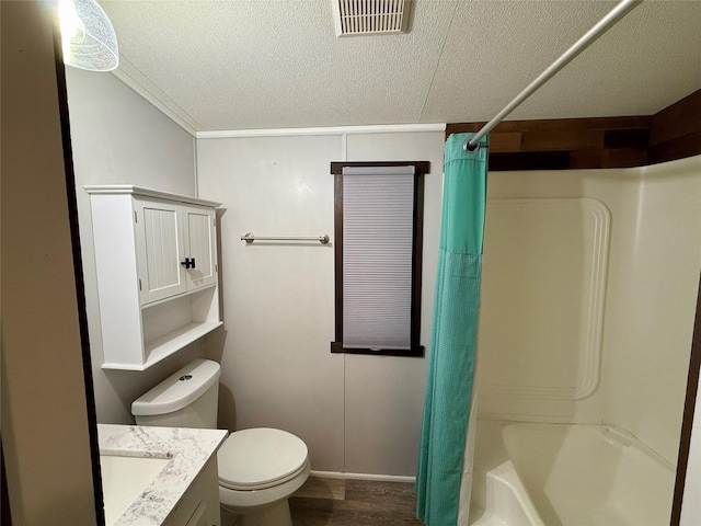 full bathroom with vanity, crown molding, toilet, shower / bathtub combination with curtain, and a textured ceiling