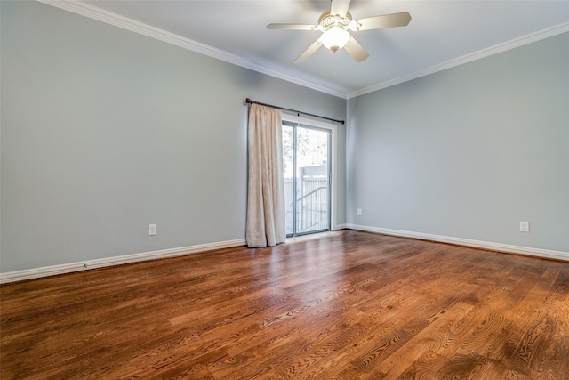 spare room with ceiling fan, wood-type flooring, and crown molding