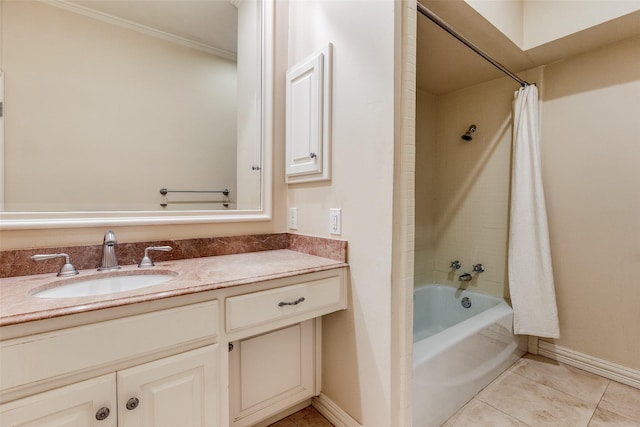 bathroom with tile patterned flooring, shower / bath combination with curtain, vanity, and crown molding