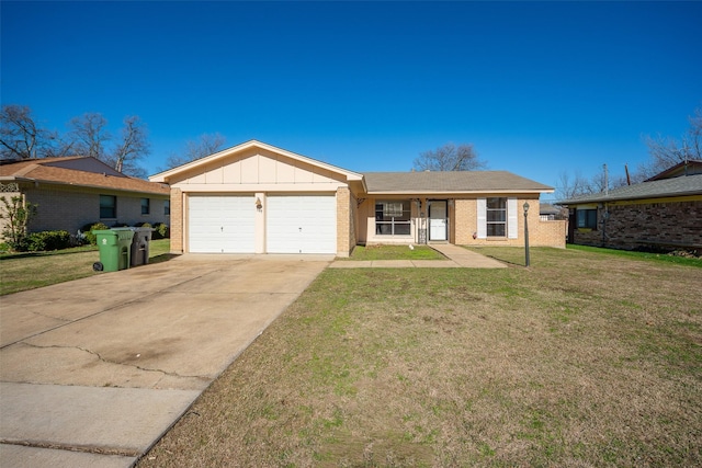 ranch-style home with a front yard and a garage