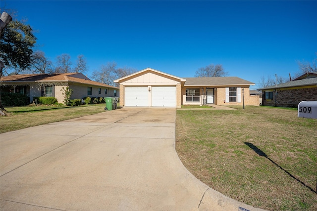 ranch-style home with a garage and a front lawn