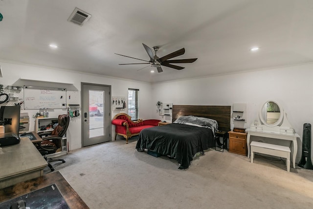 carpeted bedroom featuring access to exterior, ceiling fan, and crown molding