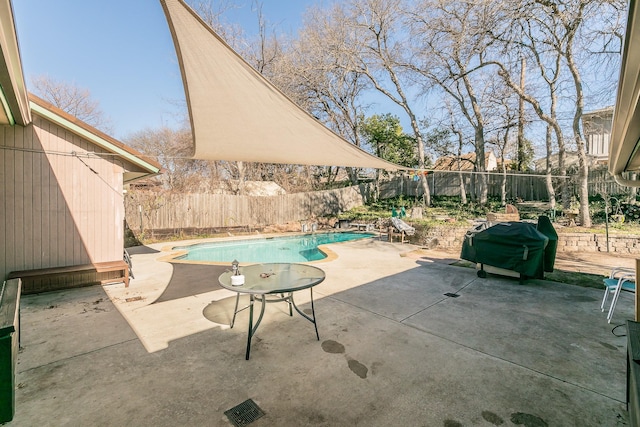 view of swimming pool featuring a patio and grilling area