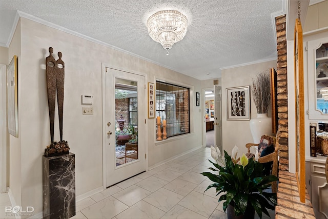 corridor featuring crown molding, a chandelier, and a textured ceiling