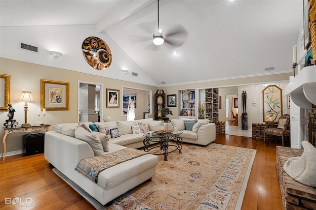 living room featuring ceiling fan, high vaulted ceiling, beam ceiling, and hardwood / wood-style floors