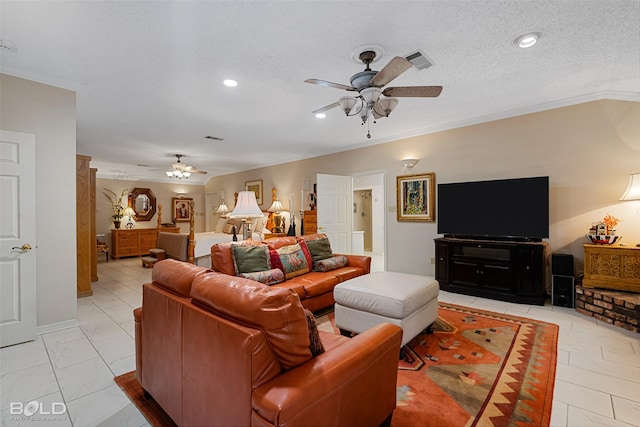 living room featuring crown molding, a textured ceiling, and ceiling fan