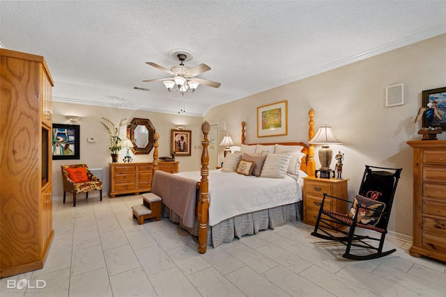 bedroom featuring ceiling fan, ornamental molding, and a textured ceiling