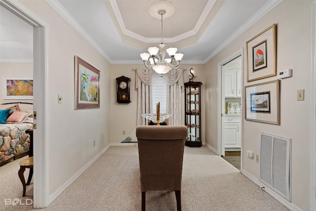 carpeted dining space with an inviting chandelier, a tray ceiling, and crown molding