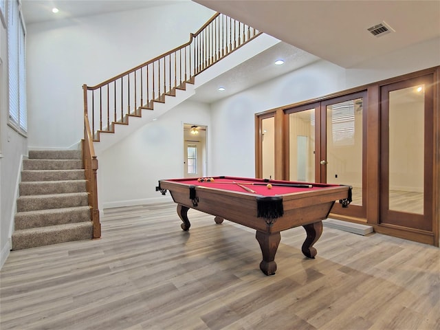 2735 Steamboat Cir, Arlington, TX 76006 - recreation room featuring light wood finished floors, french doors, baseboards, billiards table, and recessed lighting