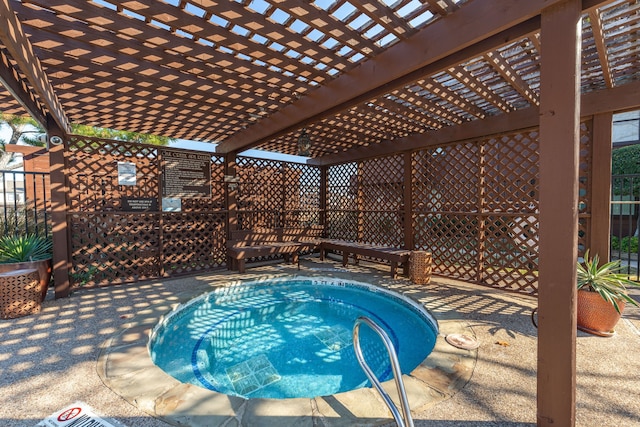 view of swimming pool with a pergola and a community hot tub