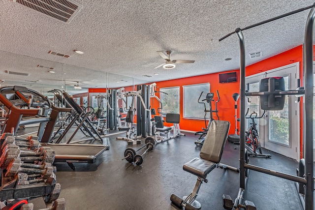 exercise room featuring ceiling fan and a textured ceiling