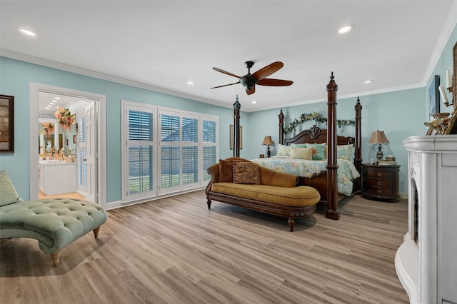 bedroom with ornamental molding, ceiling fan, and light wood-type flooring