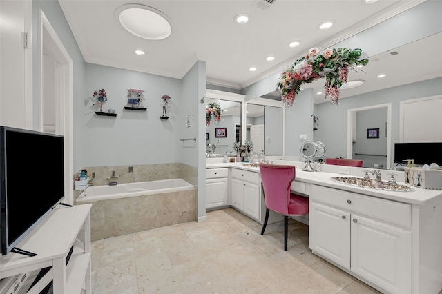 bathroom featuring a relaxing tiled tub, vanity, and ornamental molding