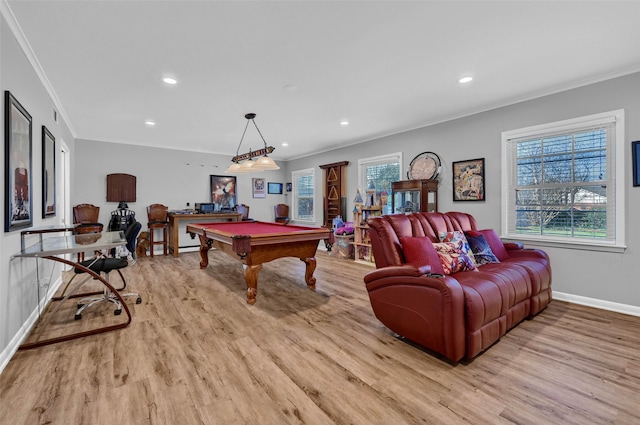 game room featuring pool table, plenty of natural light, and light hardwood / wood-style floors