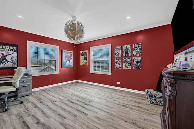 office area with ornamental molding, a chandelier, and light hardwood / wood-style floors