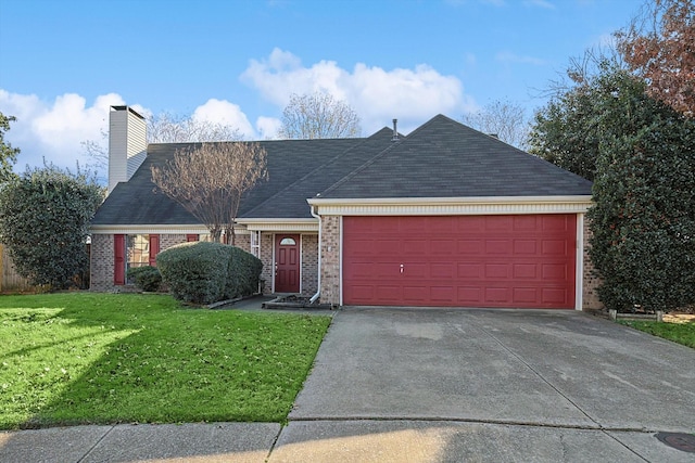 ranch-style house with a front yard and a garage