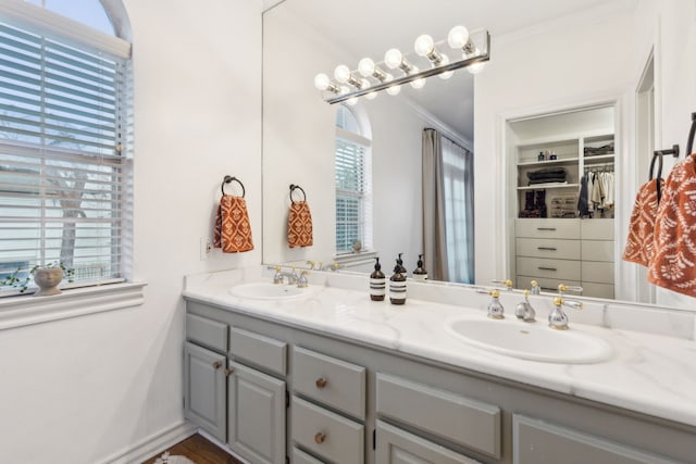 bathroom with vanity, a healthy amount of sunlight, crown molding, and built in shelves