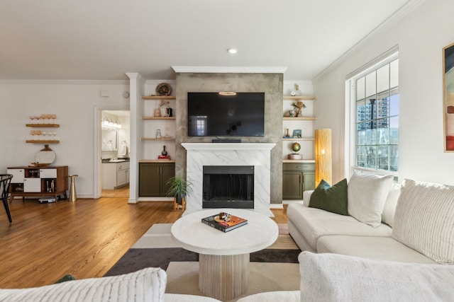 living room featuring wood-type flooring, ornamental molding, and a premium fireplace