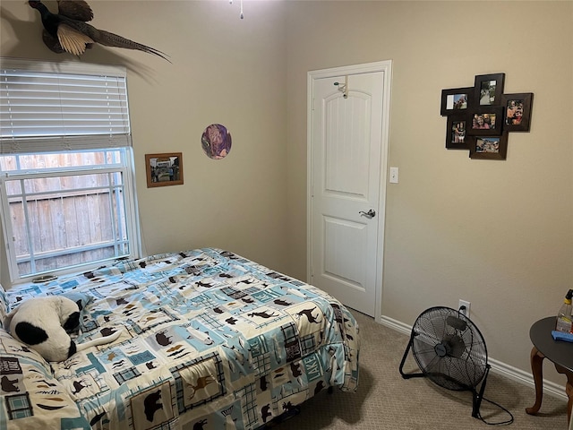 bedroom with light carpet