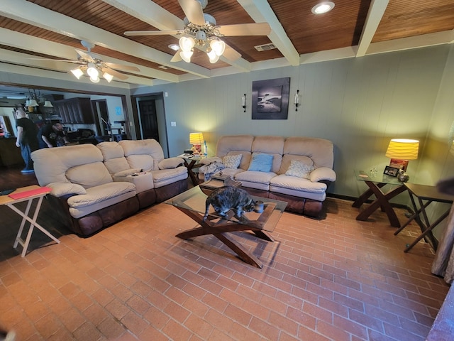 living room featuring wooden ceiling and beamed ceiling