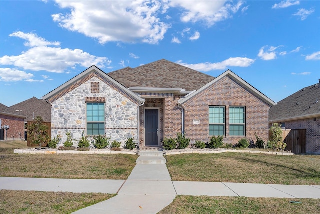 view of front facade featuring stone siding, roof with shingles, fence, a front lawn, and brick siding