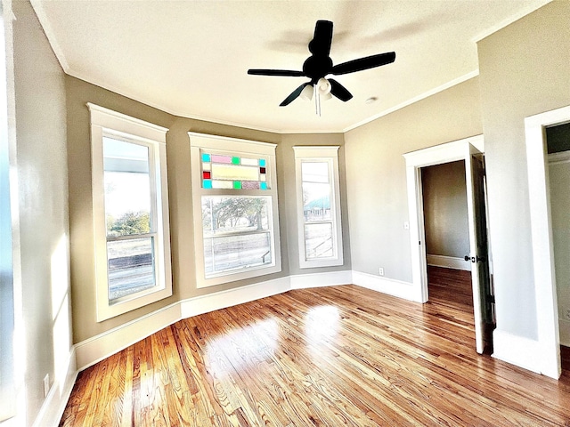 empty room with light hardwood / wood-style floors, ceiling fan, and ornamental molding