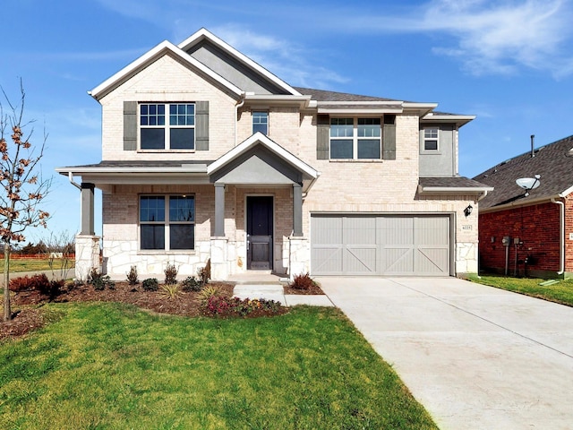 craftsman inspired home featuring a front lawn and a garage