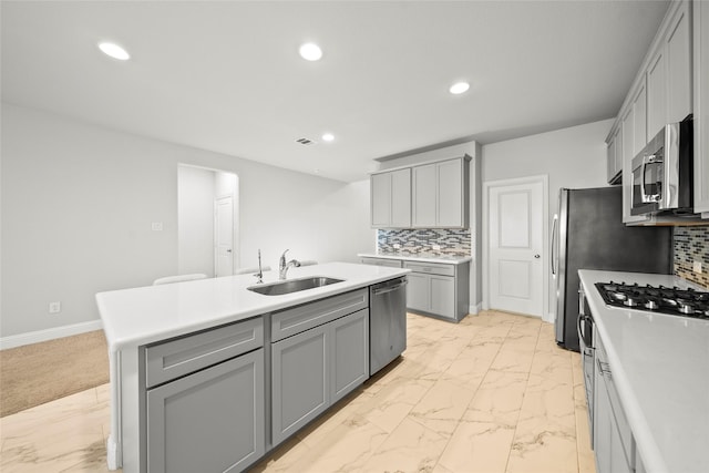 6225 Kent Ln, Celina, TX 76227 - kitchen with gray cabinets, stainless steel appliances, light marble finish floors, and recessed lighting